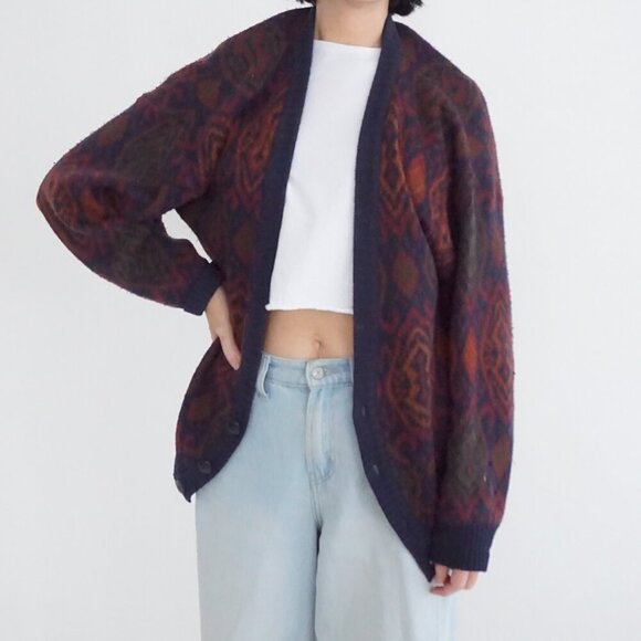Sweaters - Vintage Melange Navy Burgundy Geometric Knit Button Front Cardigan Sweater L